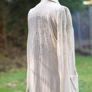 Johnny Was Embroidered Cream Velvet Duster